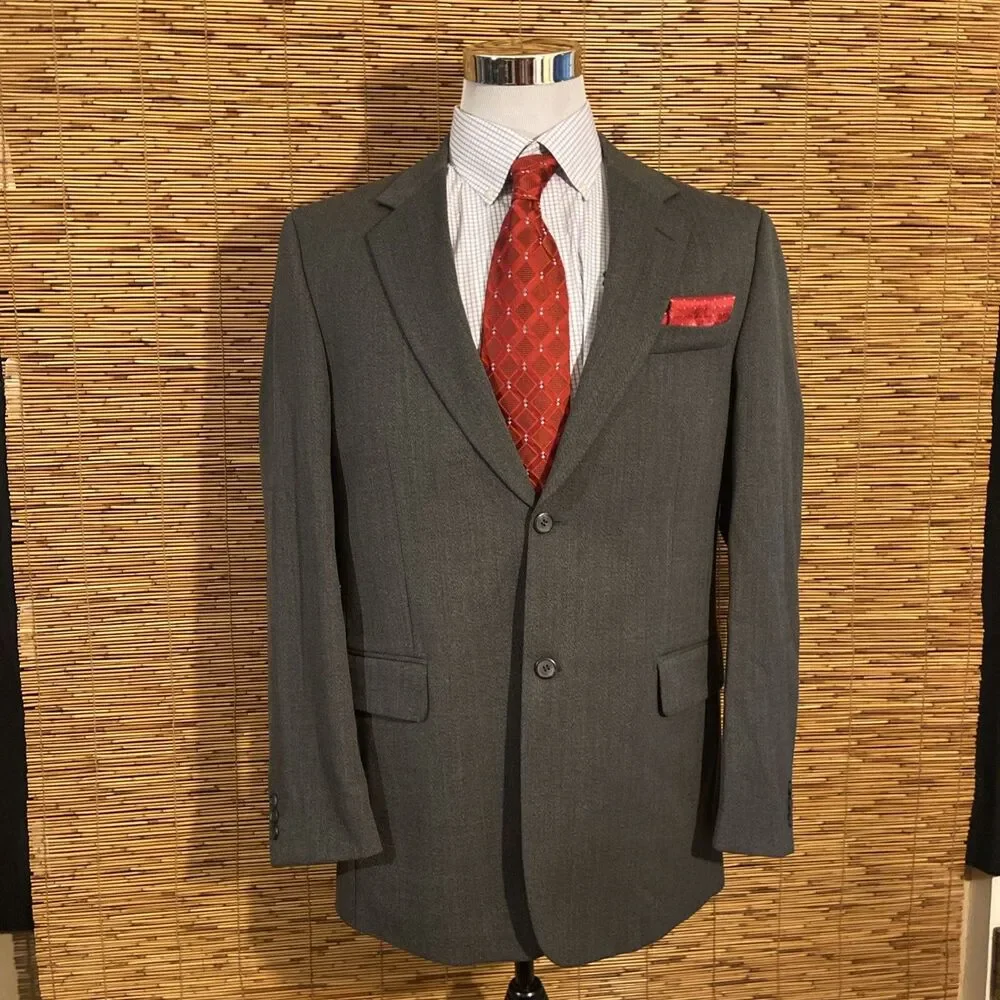 Luxury 2PC Suit Men’s 44 Wool Blend Gray Business Wedding Formal Jacket & Pants